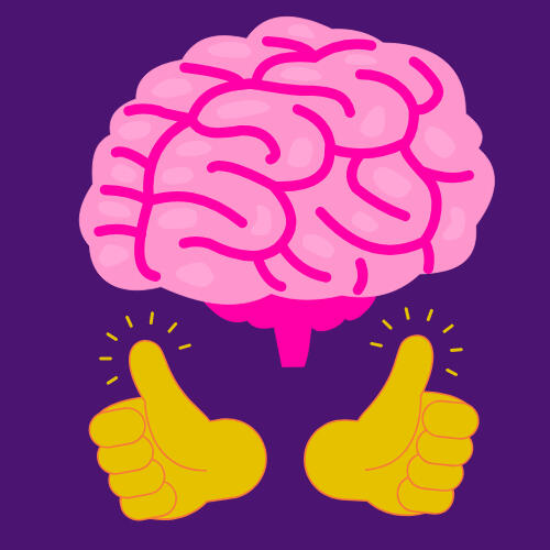 A pink brain with two yellow thumbs-up hands on each side of it