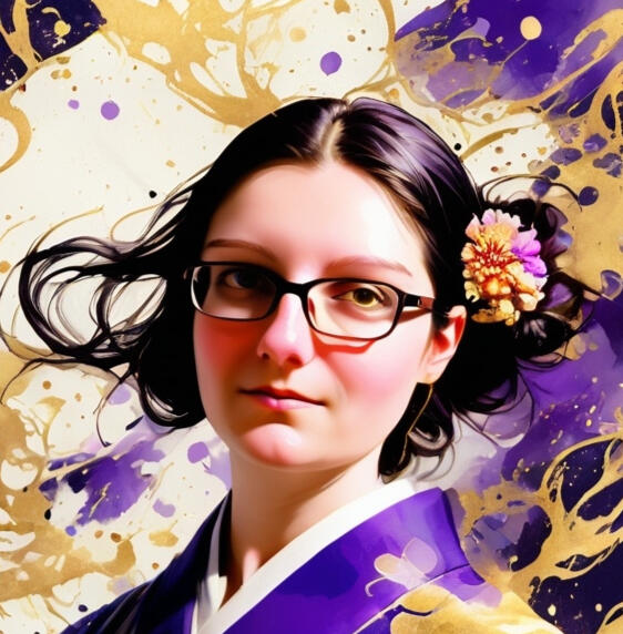 Anna Rouppert Anna wearing glasses and violet kimono with splashes of gold in the background.